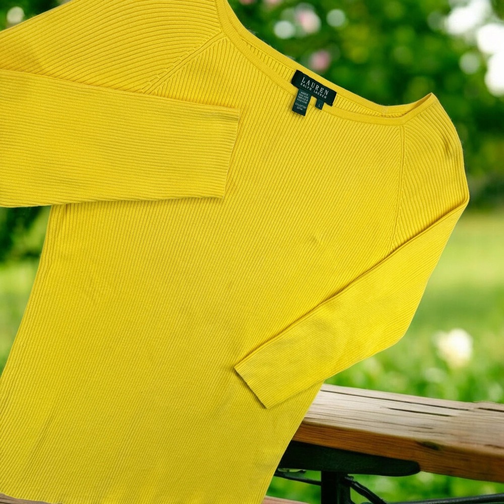 Lauren Ralph Lauren Top Womens Large Yellow Ribbed Knit Boatneck 3/4 Sleeve